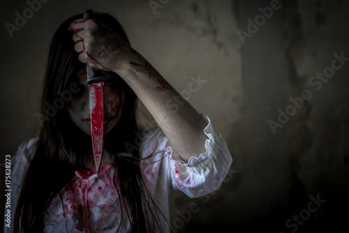 Ghost Woman Or Zombie Hold Knife For Kill With Blood