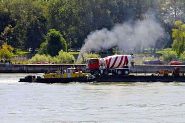 Concrete truck at barge