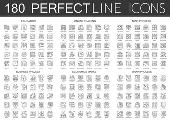 Poster - 180 outline mini concept infographic symbol icons education, online training, mind process, business project, economics market, brain process