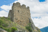 Fototapeta Kwiaty - Medieval wall of Chatel-Argent castle with window see from below