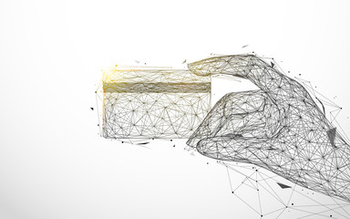 Wall Mural - hand holding credit card from lines and triangles, point connecting network on background. illustrat