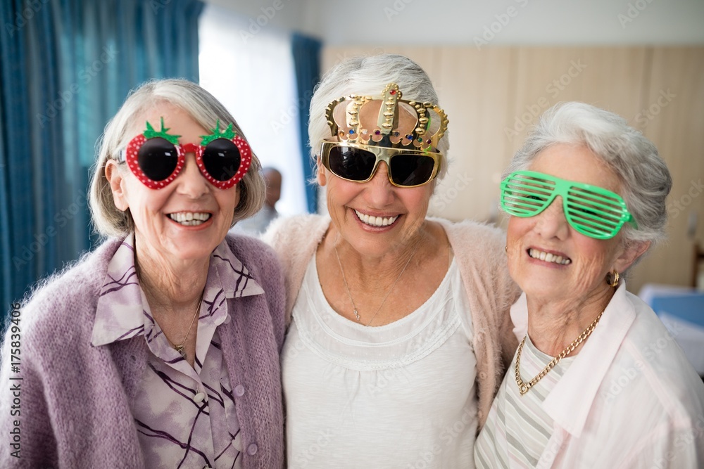 Portrait of smiling senior women wearing novelty glasses - obrazy, fototapety, plakaty 
