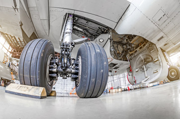 Wall Mural - Landing gear airplane in hangar chassis rubber close-up.