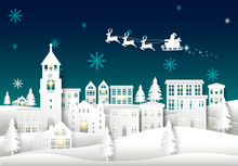 Santa On Night Sky In City Town Paper Art Winter Background. Christmas Season Paper Cut Style Illustration