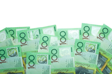 Wall Mural - Australian dollar, Australia money 100 dollars banknotes stack on white background with clipping path.