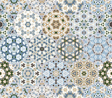 A Rich Set Of Hexagonal Ceramic Tiles In Shades Of Blue And Brown. Colorful Elements In Oriental Style. Vector Illustration.