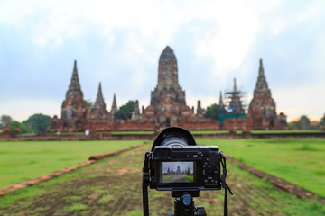 live view in camera of ancient temple in Ayutthaya, Thailand