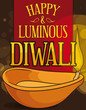 Golden Diya Illuminating a Night of Diwali with Greeting Ribbon, Vector Illustration