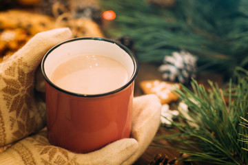 Warm Christmas holiday with latte and cookies. Close up unrecognizable woman holding cup of drink in knitted gloves hands on festive background. Cozy xmas evening on festival and fairs concept