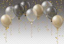 Celebration Background Template With Balloons, Confetti And Ribbons On Transparent Background. Vector Illustration.