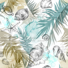 Summer Party Holiday Background, Watercolor Illustration. Seamless Pattern With Sea Shells, Molluscs And Palm Leaves. Tropical Texture In Romantic Colors.