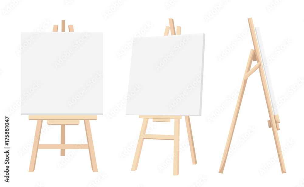 Vector Set of Brown Sienna Wooden Easels with Mock Up Empty Blank Canvases Isolated on Background Paint Desk and White Paper Isolated On Background. Vector illustration Web site page and mobile app - obrazy, fototapety, plakaty 
