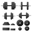 Set of normal and deformed bent dumbbells isolated on white. Sport equipment, weight lifting, exercise, strength and gym concept. Flat style. vector illustration, no transparency.