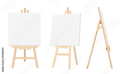 Fotomural Vector Set of Brown Sienna Wooden Easels with Mock Up Empty Blank Canvases Isolated on Background Paint Desk and White Paper Isolated On Background
