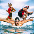 © Maridav - Triathlon swim bike run triathlete man training for ironman race concept. Three pictures composite of fitness athlete running, biking, and swimming in ocean. Professional cyclist, runner, swimmer.