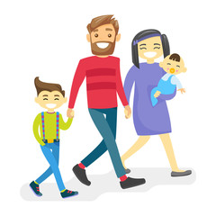 Sticker - Cheerful multiethnic family walking and having fun together. Young smiling Asian mother and Caucasian white father with happy biracial kids strolling and laughing. Vector isolated cartoon illustration