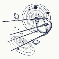 Wall Mural - sputnik tattoo. space ship tattoo and t-shirt design. universe research. symbol of space expedition,