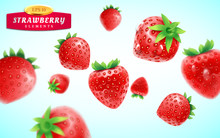 Strawberry Set, Detailed Realistic Ripe Fresh Strawberries With Green Leaves With Water Droplets Isolated On A Blue Background. 3d Illustration