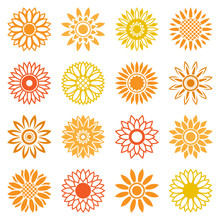 Vector Sunflower Icons Isolated Leaf Isolated On White Background. Midsummer Plants Signs For Logo And Labels