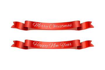 Wall Mural - Merry Christmas and Happy New Year red holiday ribbons. Vector isolated Christmas and New Year design elements.