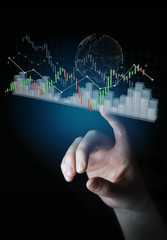 Aufkleber - Businesswoman using digital 3D rendered stock exchange stats and charts