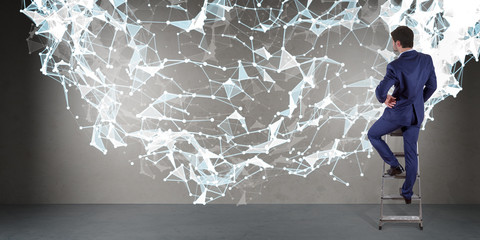 Poster - Businessman using connection network on a wall 3D rendering