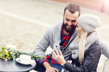 Wall Mural - Picture showing happy young couple dating in the city