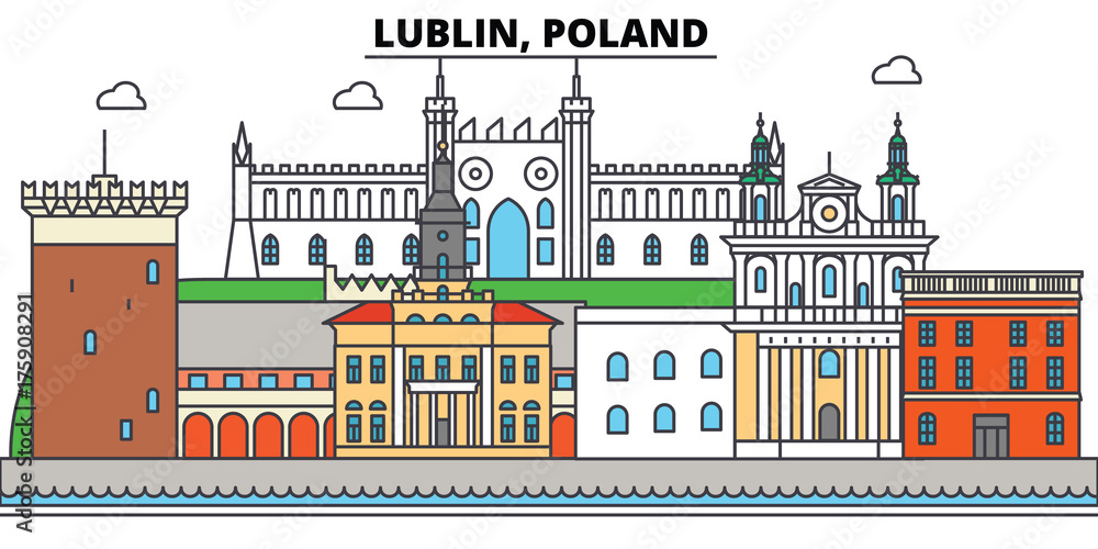 Poland, Lublin. City skyline, architecture, buildings, streets, silhouette, landscape, panorama, landmarks. Editable strokes. Flat design line vector illustration concept. Isolated icons - obrazy, fototapety, plakaty 