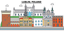 Poland, Lublin. City Skyline, Architecture, Buildings, Streets, Silhouette, Landscape, Panorama, Landmarks. Editable Strokes. Flat Design Line Vector Illustration Concept. Isolated Icons
