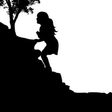 Vector Silhouette Of Child A Climbing On A Rock On A White Background.