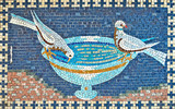 Beautiful mosaic of two pigeons drinking from bowl