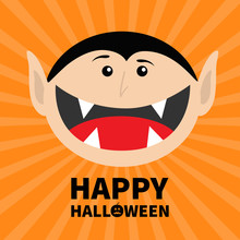 Happy Halloween Pumpkin Text. Count Dracula Head Face. Cute Cartoon Vampire Character With Fangs. Big Mouth Tongue. Baby Greeting Card. Flat Design. Orange Starburst Background. Isolated.