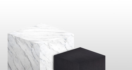 Poster - Product display stand made from white marble and black wood in two step with copy space for display of content design or replace your background,Banner for advertise product on website,3d rendering.