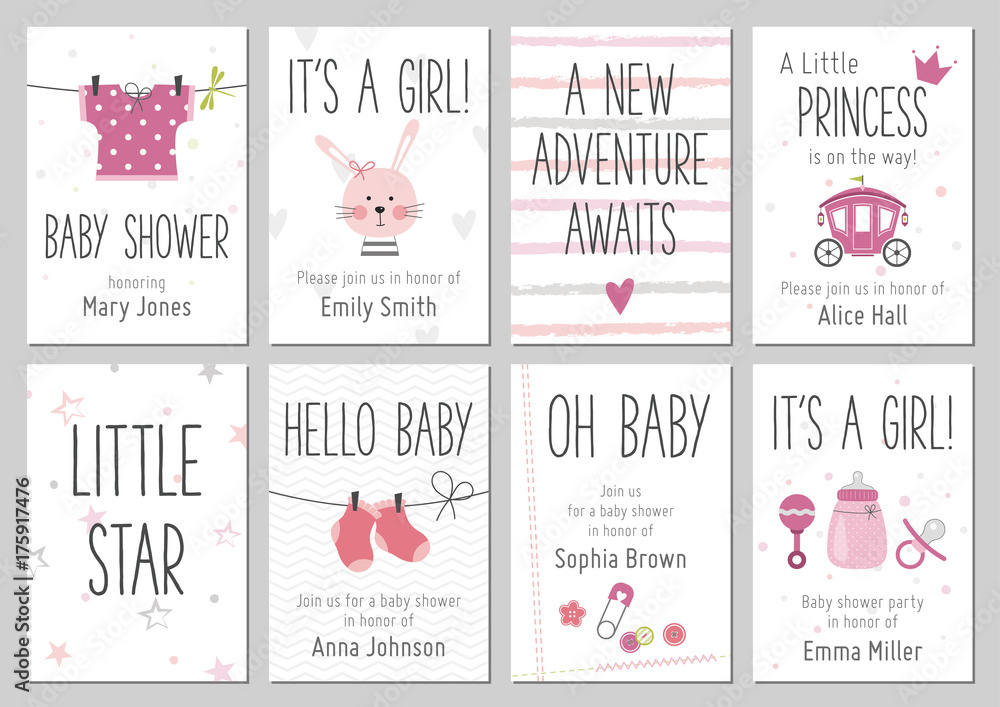 Baby shower invitations. Baby girl arrival and shower cards collection. Vector invitations with baby dress, bunny, heart, carriage, socks, pin, bottle. - obrazy, fototapety, plakaty 