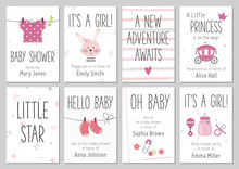Baby Shower Invitations. Baby Girl Arrival And Shower Cards Collection. Vector Invitations With Baby Dress, Bunny, Heart, Carriage, Socks, Pin, Bottle.