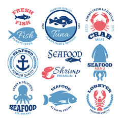Wall Mural - Seafood nautical vector vintage labels and restaurant emblems