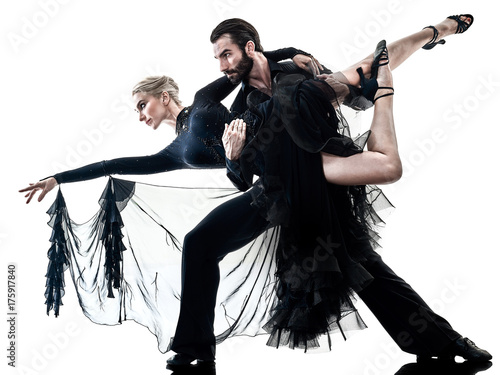 Fototapeta na szkło jeden kaukaski mężczyzna i kobieta para tańca towarzyskiego tango salsa tancerz taniec w studio sylwetka na białym tle
