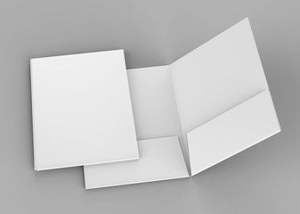 Blank white reinforced pocket folders on grey background for mock up. 3D rendering.