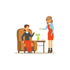 Sticker - Female patient character talking to psychologist about problems, psychotherapy counseling, psychologist having session with patient vector Illustration