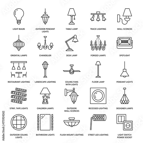 Light Fixture Lamps Flat Line Icons Home And Outdoor Lighting Home And Outdoor Lighting Equipment Chandelier Wall Sconce Desk Lamp Light Bulb Power Socket Vector Ilration Signs For Electric Interior