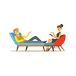 © topvectors - Smiling male patient character talking to female psychologist about problems, psychotherapy counseling, psychologist having session with patient vector Illustration