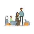 Stateless refugee family with suitcases, war victims concept vector Illustration