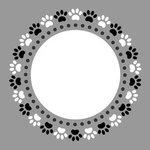 Black White Paw Prints Pets Animal Round Frame Border With Blank Space For Your Text.