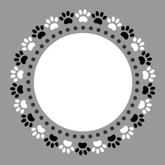 Black white paw prints pets animal round frame border with blank space for your text.