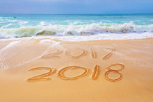 2018  Written On The Sand Of A Beach, Travel 2018 New Year Concept