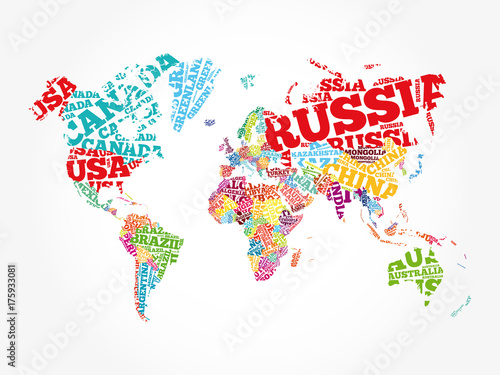 Plakat Światowa mapa w typografii słowa chmurze, imiona kraje, edukacja biznesu pojęcie