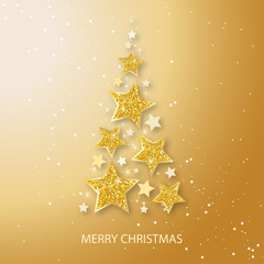 Wall Mural - vector christmas abstract fir tree of shining golden stars. glowing glitter background with stars of
