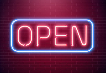 Wall Mural - Bar open light Neon Sign. Night store red glowing letters . Open 24 hours sign
