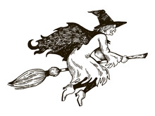 Witch Flying On Broomstick Engraving Vector