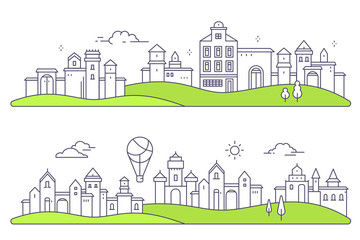 Wall Mural - Set of urban european city with tree, cloud, air balloon. Vector illustration of detailed city landscape on white background with green meadow.